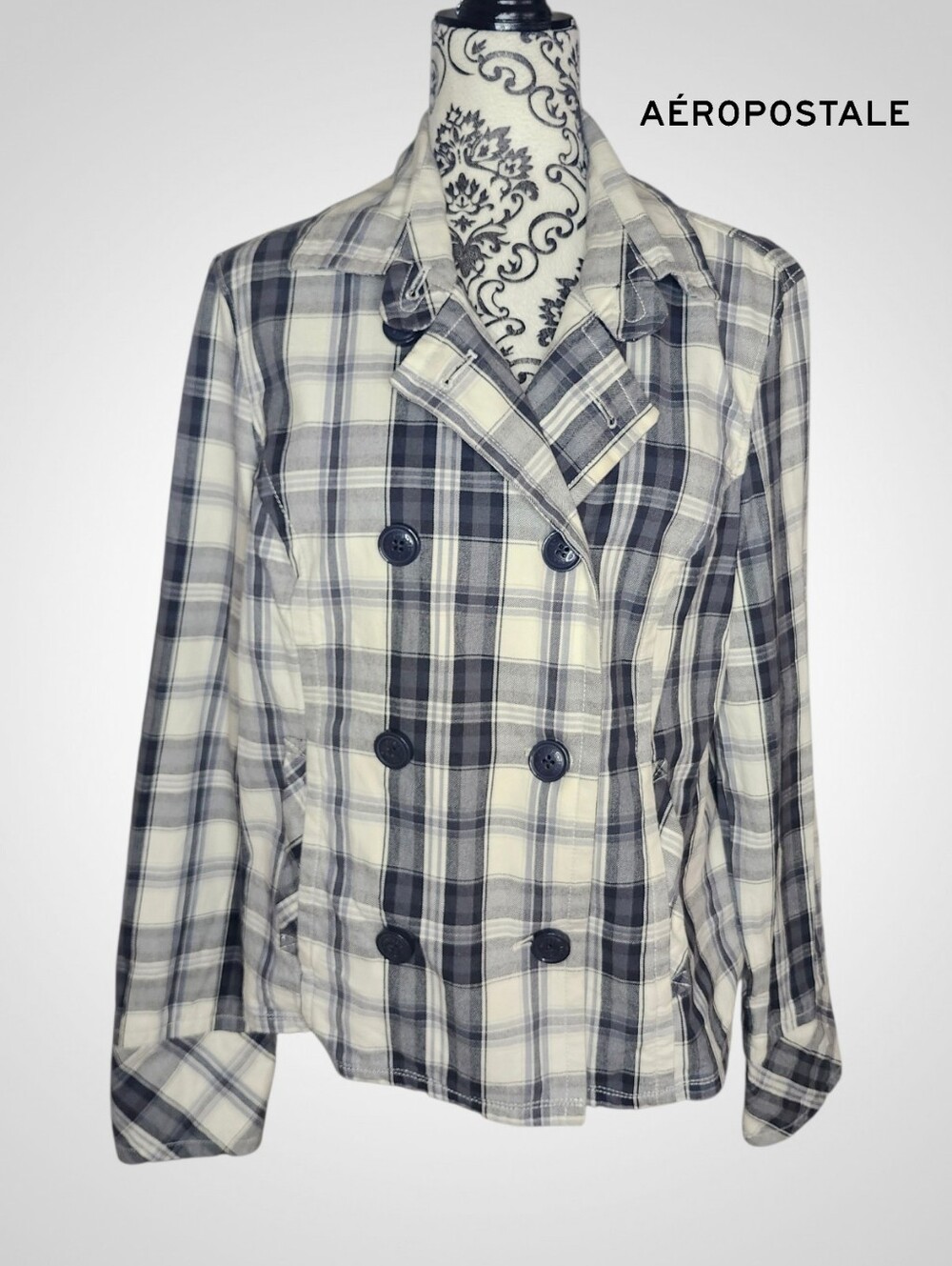 AEROPOSTALE Plaid Double-Breasted Pea Coat - XLarge